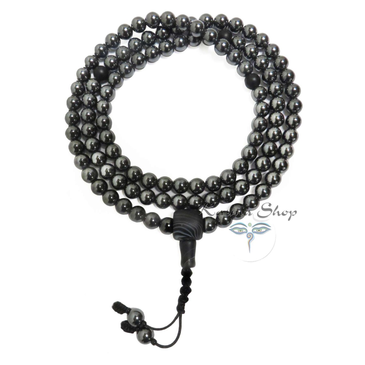 Mala 108 Grani in Ematite con Guru di Agata nera